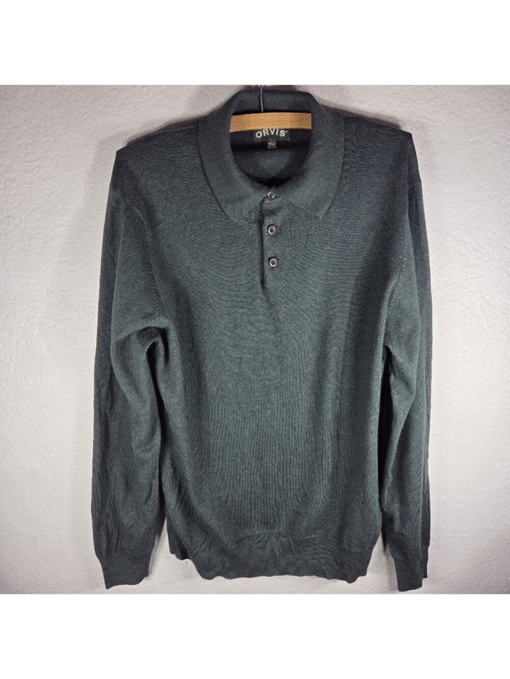 Orvis Mens Size L Olive Green Silk Cashmere Blend Long Sleeve Polo Sweater